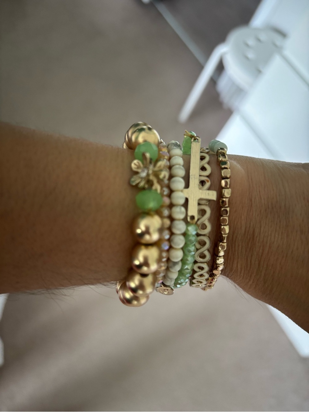 Gold & Green Multilayer Beaded Bracelet Stack